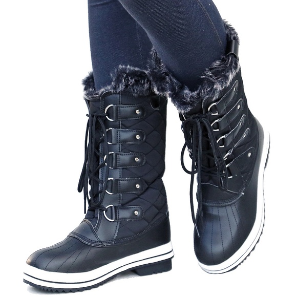 New Black Quilted Lace Up Weatherproof Snow Boots - Picture 2 of 3